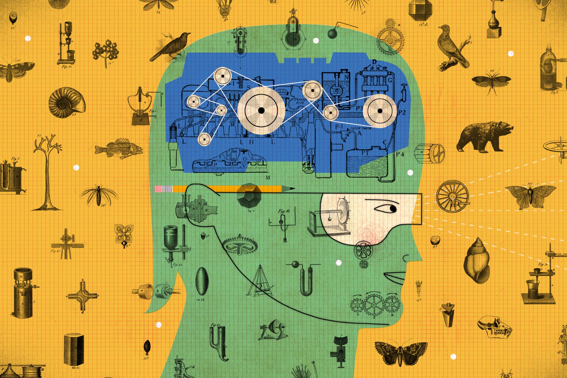A head filled with various objects, symbolizing thoughts, ideas, and creativity.
